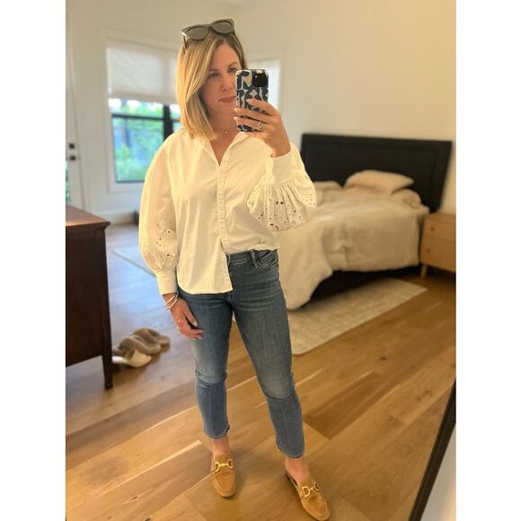 KATE SPADE NEW YORK Off White Poplin Floral Cutout Button Up Shirt Size 12 - Picture 14 of 16